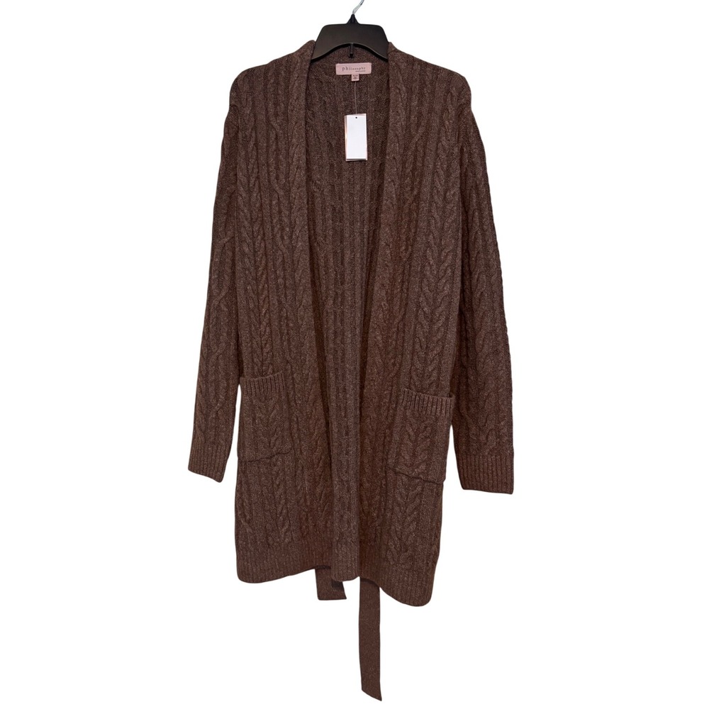 Philosophy Cardigan Cable Knit Open Front‎ Belt Brown Camel Size Extra Large